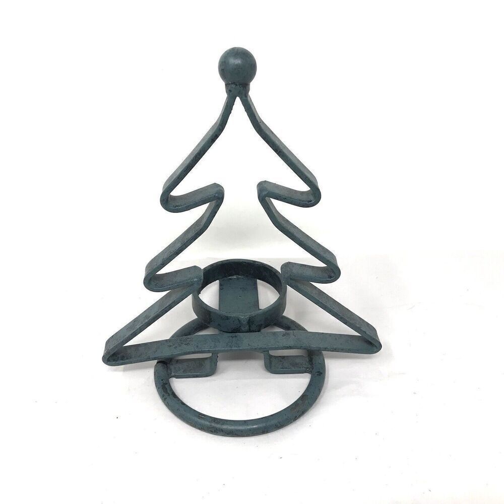 Green Metal Christmas Tree 7.5" Votive Candle Holder Folk Art Rustic Farmhouse